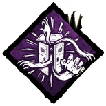 The perk, Darkness Revealed, which belongs to the killer The Dredge. It depicts a locker slightly ajar with four ghastly arms reaching out of it, and a single eye peering out from inside the dark locker. It has action lines extending from the perimeter of